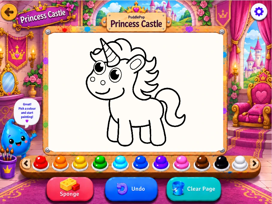 PuddlePop Princess Castle colouring studio