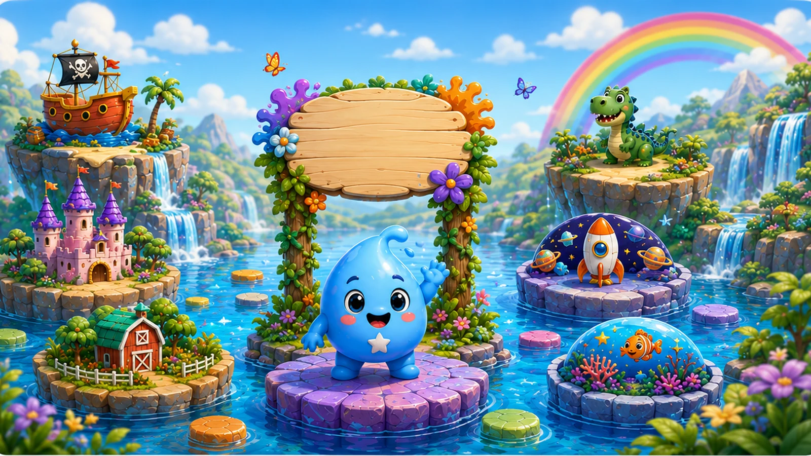 Pip surrounded by six magical PuddlePop worlds