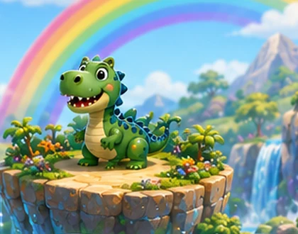 Friendly green dinosaur on an island