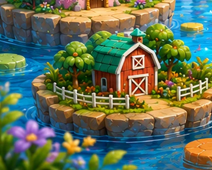 Red barn on a small green island