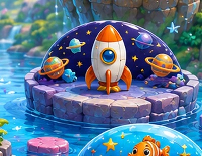 Rocket surrounded by stars and planets